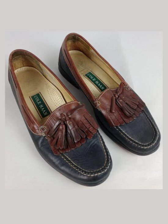 Cole Haan Mens 10.5D Black Brown Aragon Kiltie Tassel Slip On Loafer Shoes